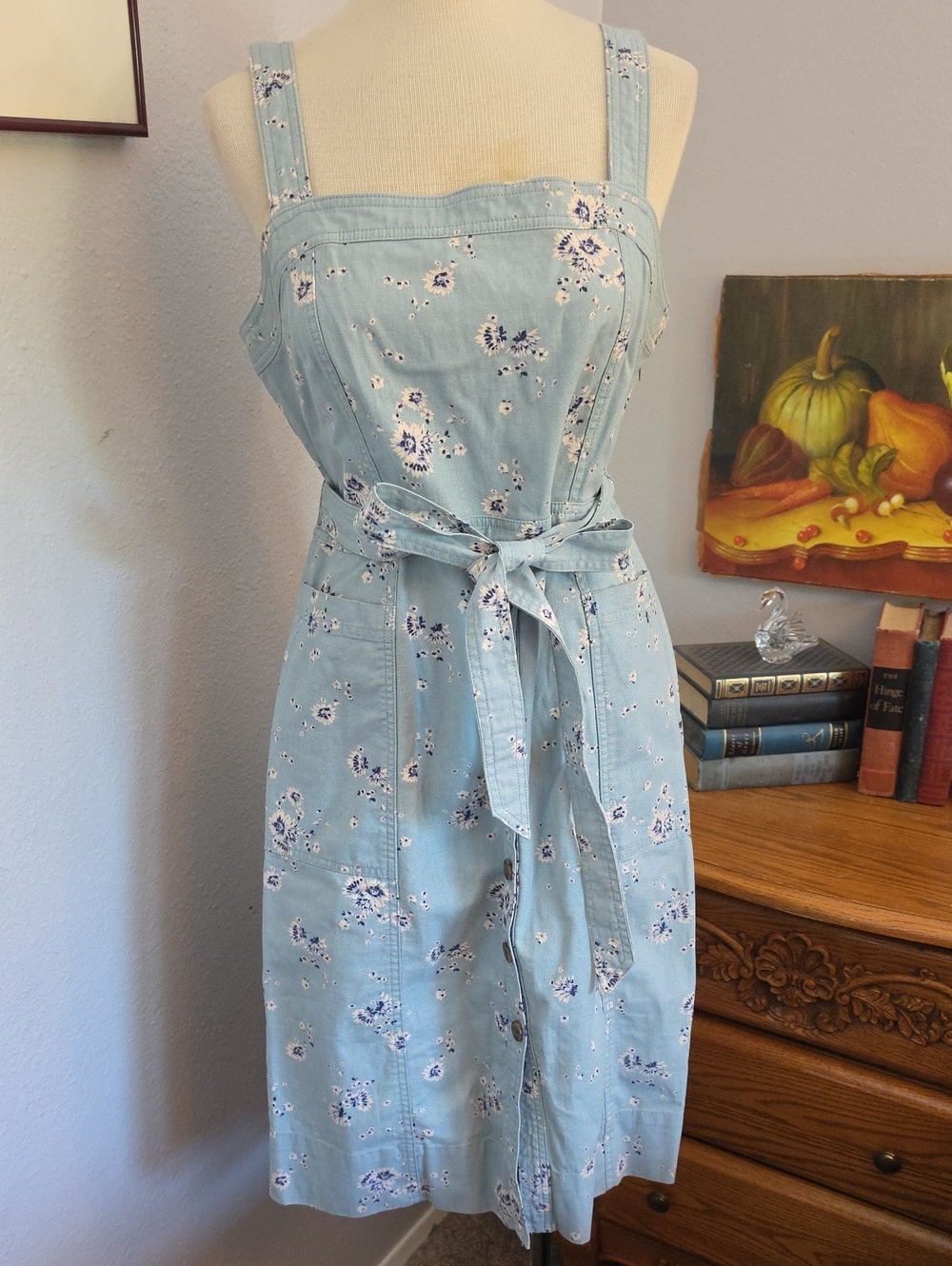 GAP Pale Blue Floral Tie-Waist Midi Denim Pinafore Cotton Linen Blend Dress